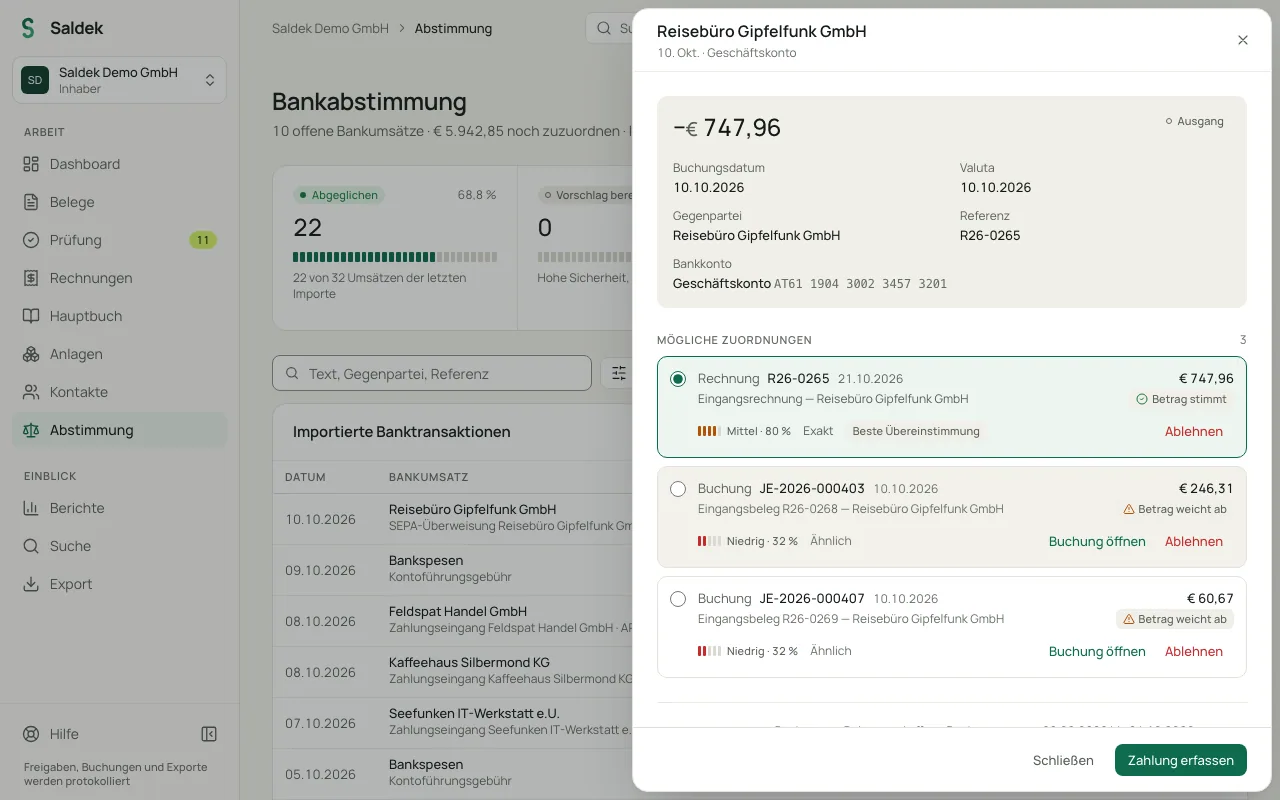 Details for a bank transaction and its suggested matches