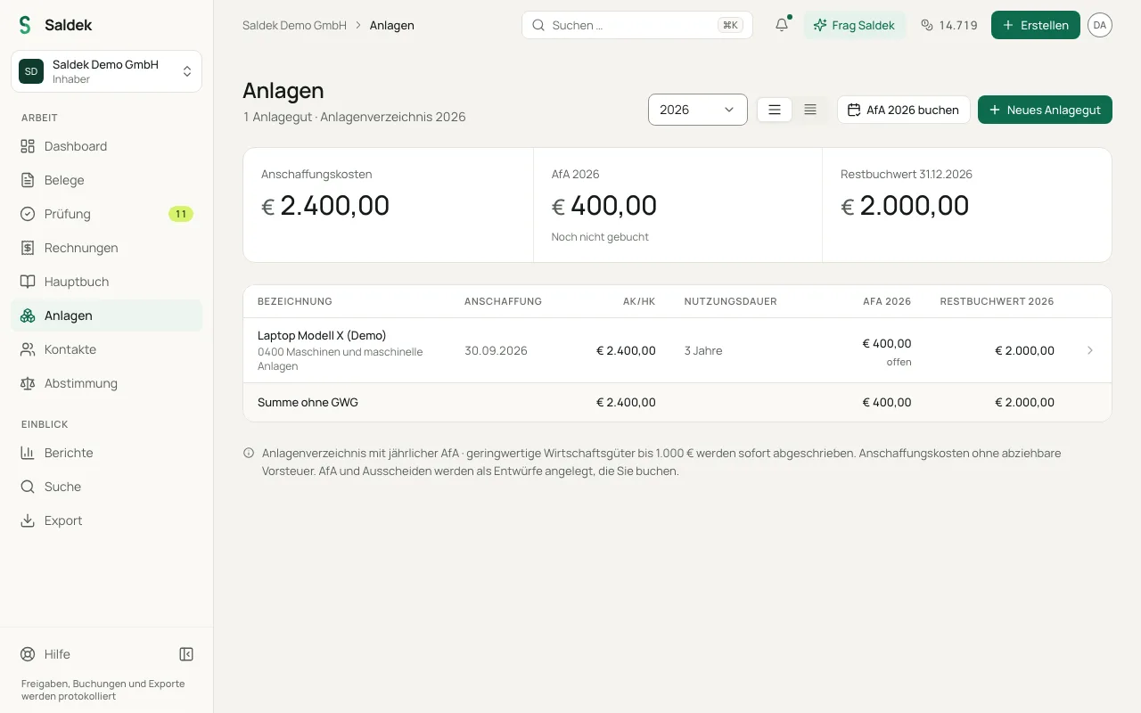 Fixed asset register with depreciation tiles and the control to run depreciation