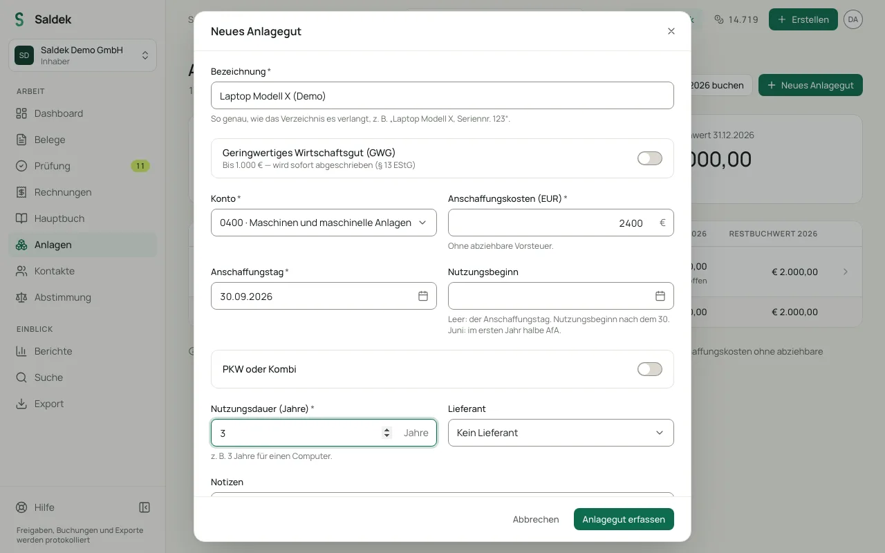 Form for adding a fixed asset, with the GWG option and useful-life information