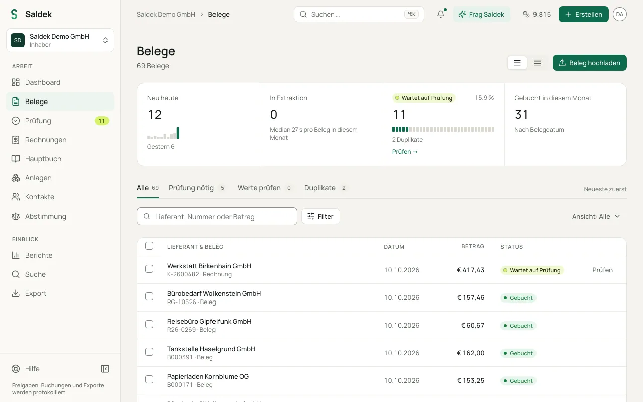 Document list with status column and filters