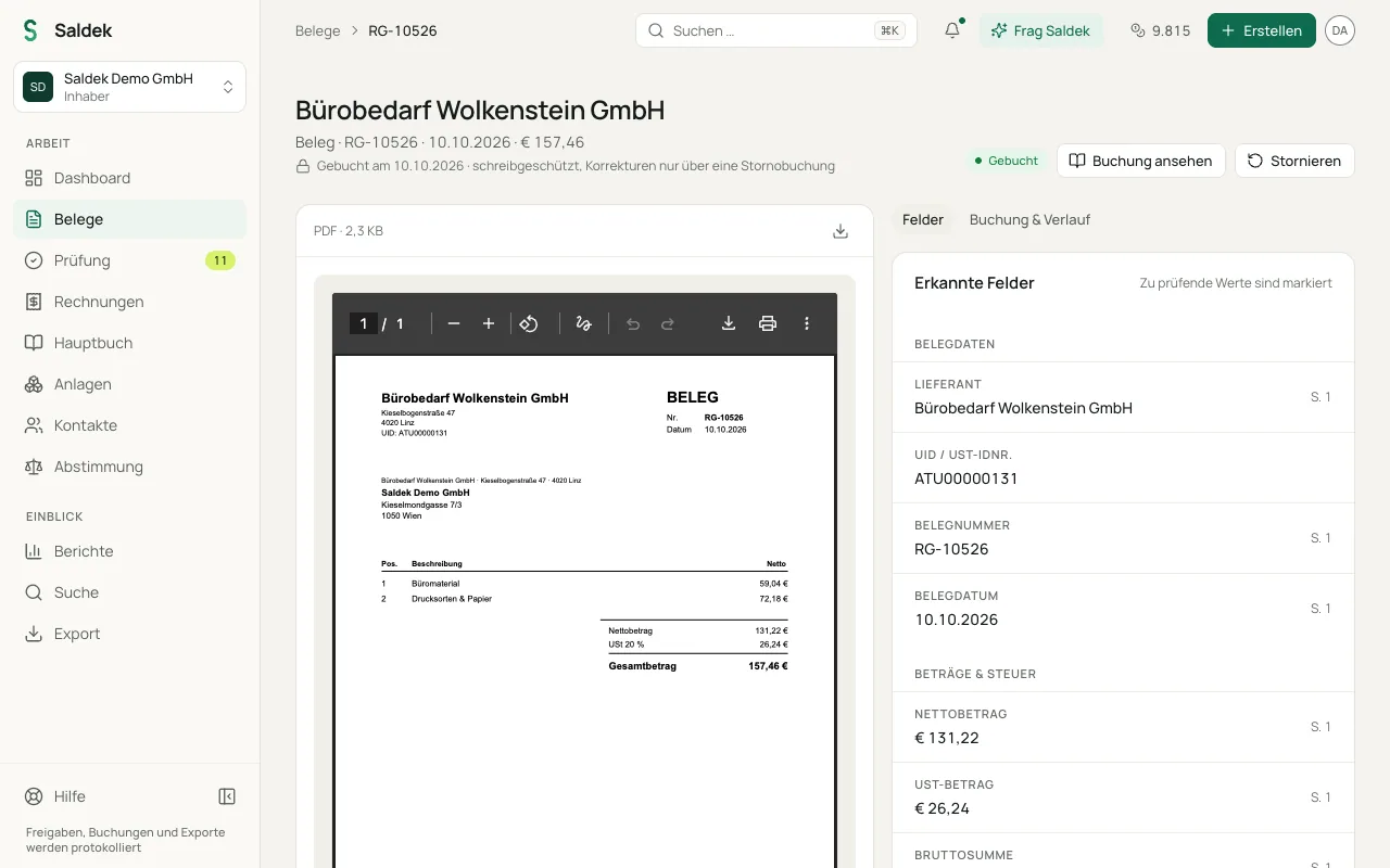 Document detail view with the original on the left and extracted data on the right