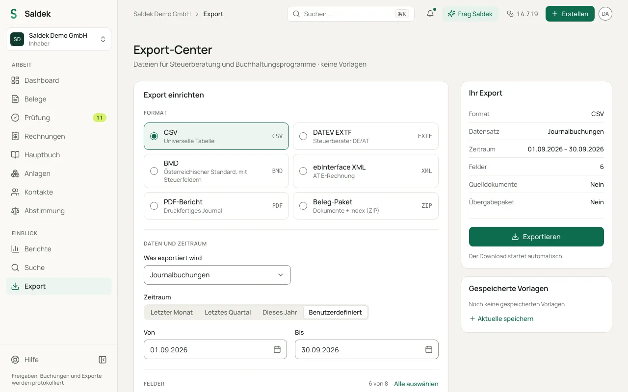Saldek’s “Export” area with format cards and date range selection