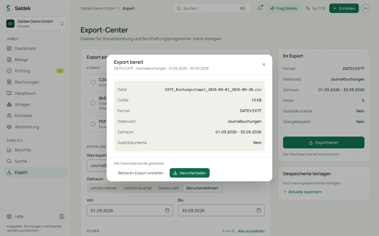 Completed export with a download control and validation notices
