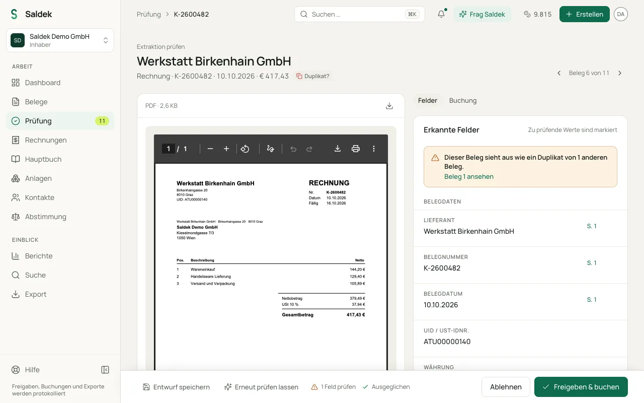 A document in “Review” with the warning “This document looks like a duplicate of 1 other document.” and the link “View document 1.”