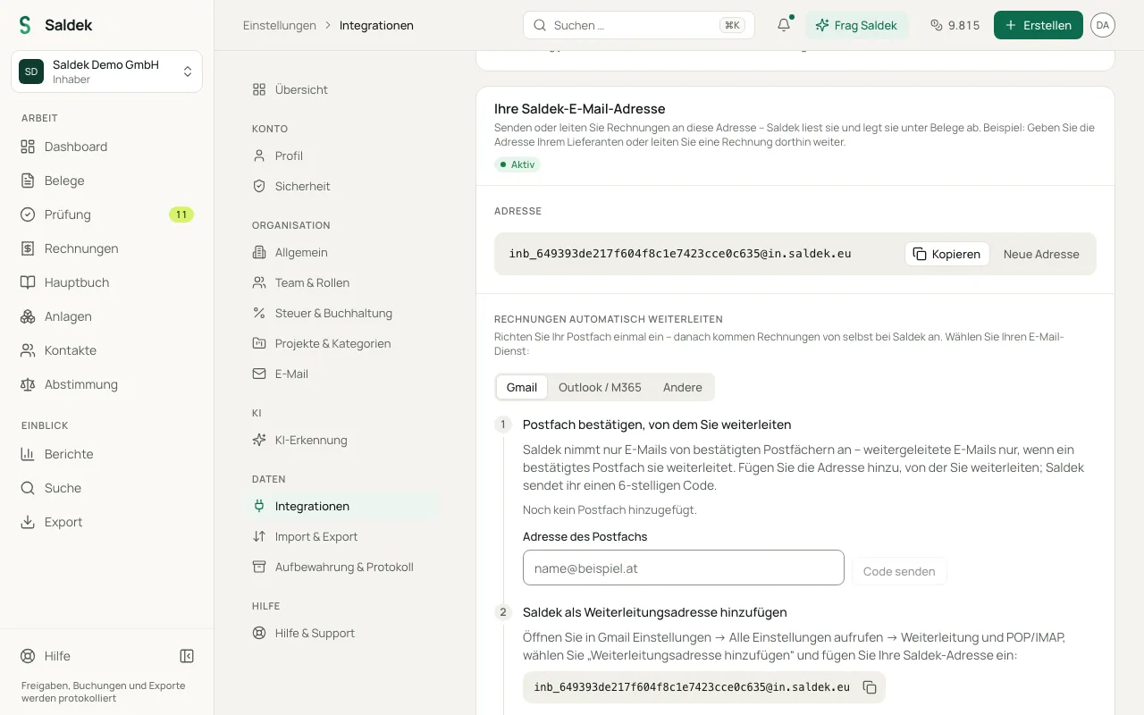 Inbound address for e-mail forwarding with a copy button