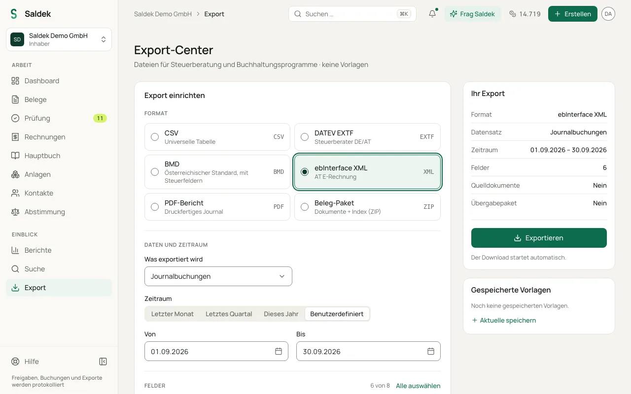 Export center showing the “ebInterface XML” format card