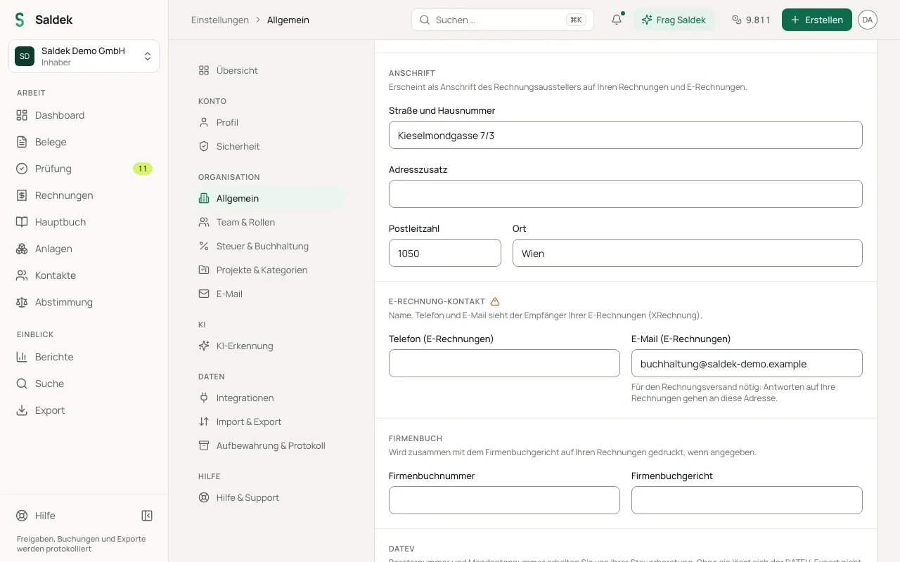 Organization settings with the e-invoice contact details