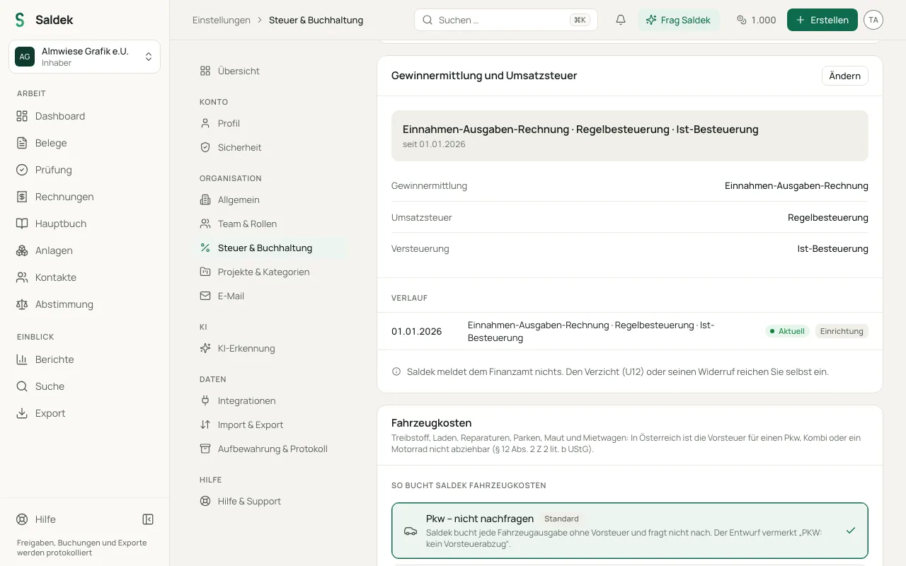 Tax settings for the bookkeeping method and VAT status
