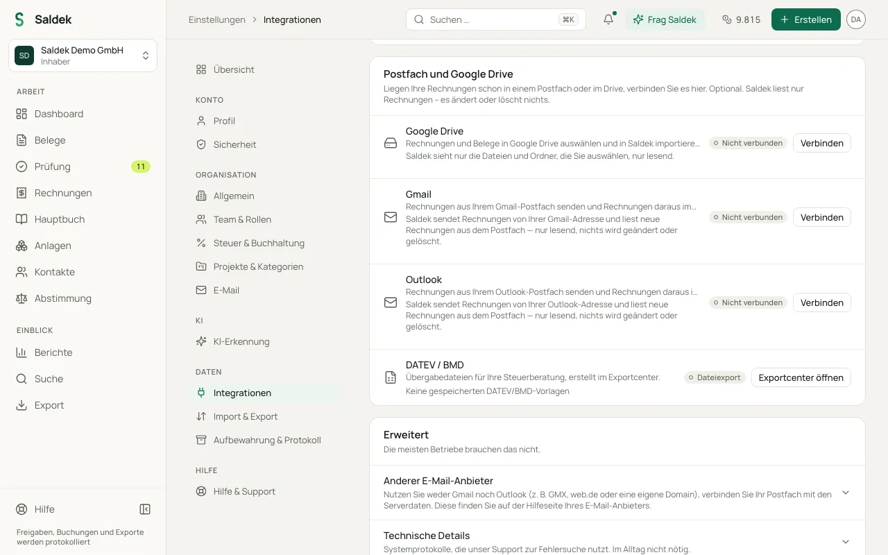 “Settings” > “Integrations” showing Gmail and Outlook cards, each with a “Connect” button, with DATEV / BMD below.