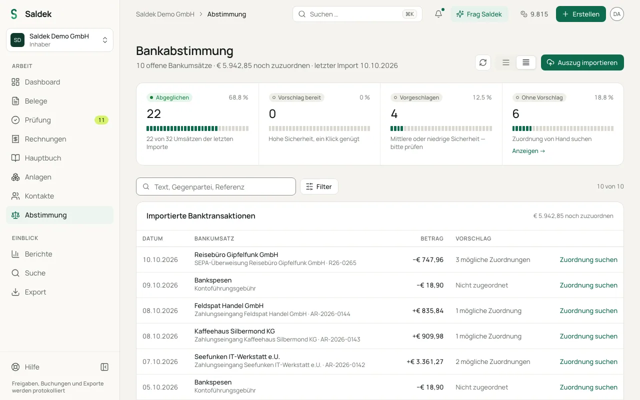 Reconciliation page with the import button and bank account selector