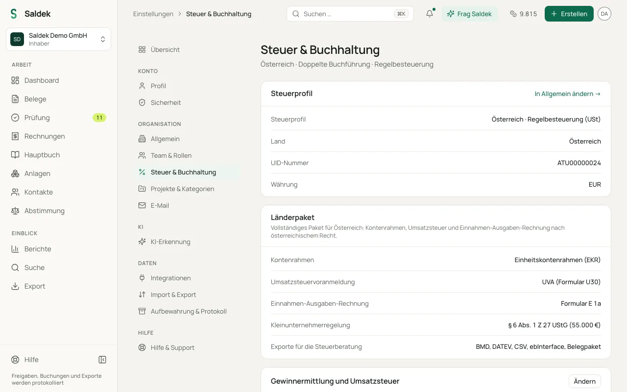 Tax settings showing the country package
