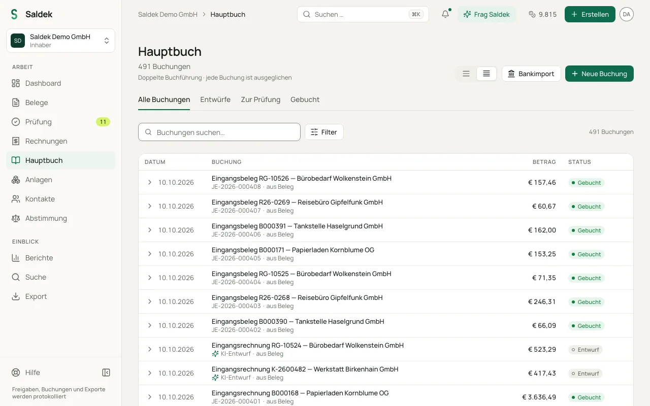 Ledger with posted bookings and status filters