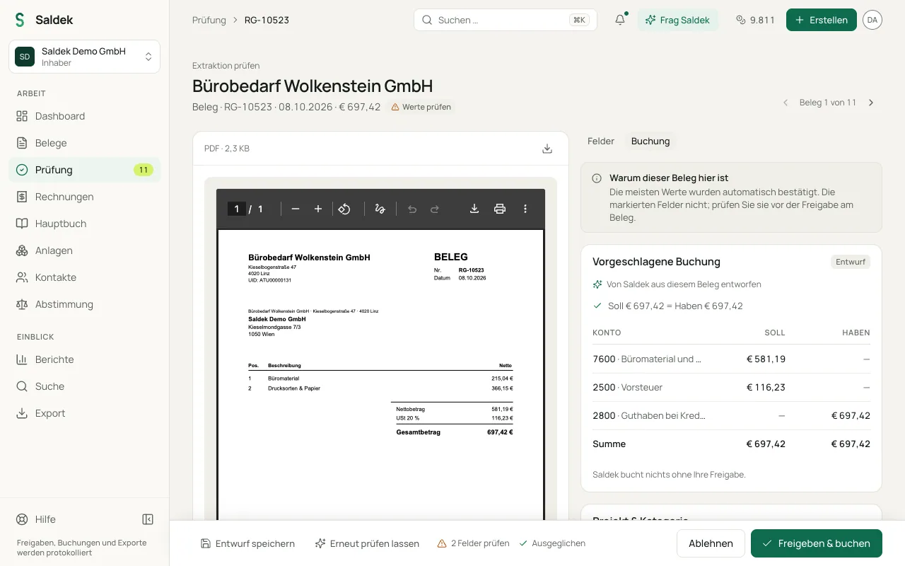 Review view comparing a document with its booking suggestion and action buttons