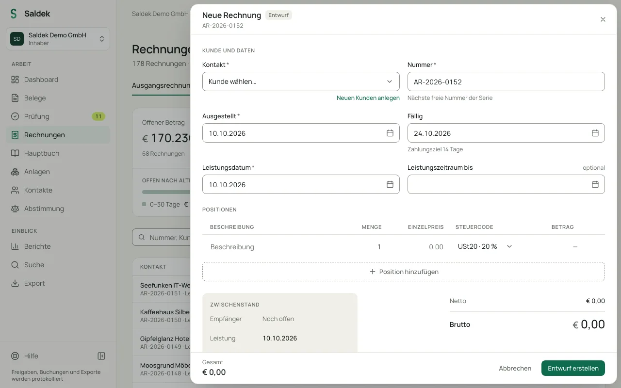 New outgoing invoice form with customer, line items, and tax codes