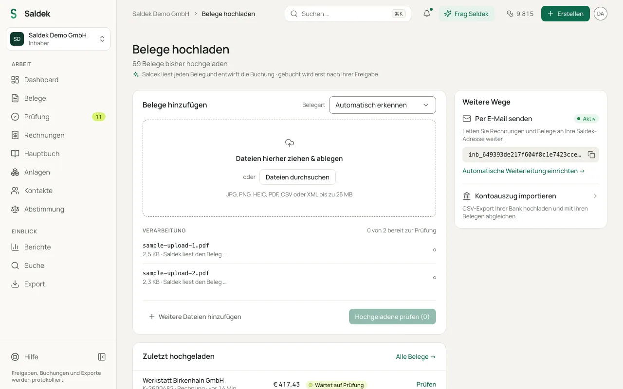 The “Upload documents” page with its drop area and processing queue