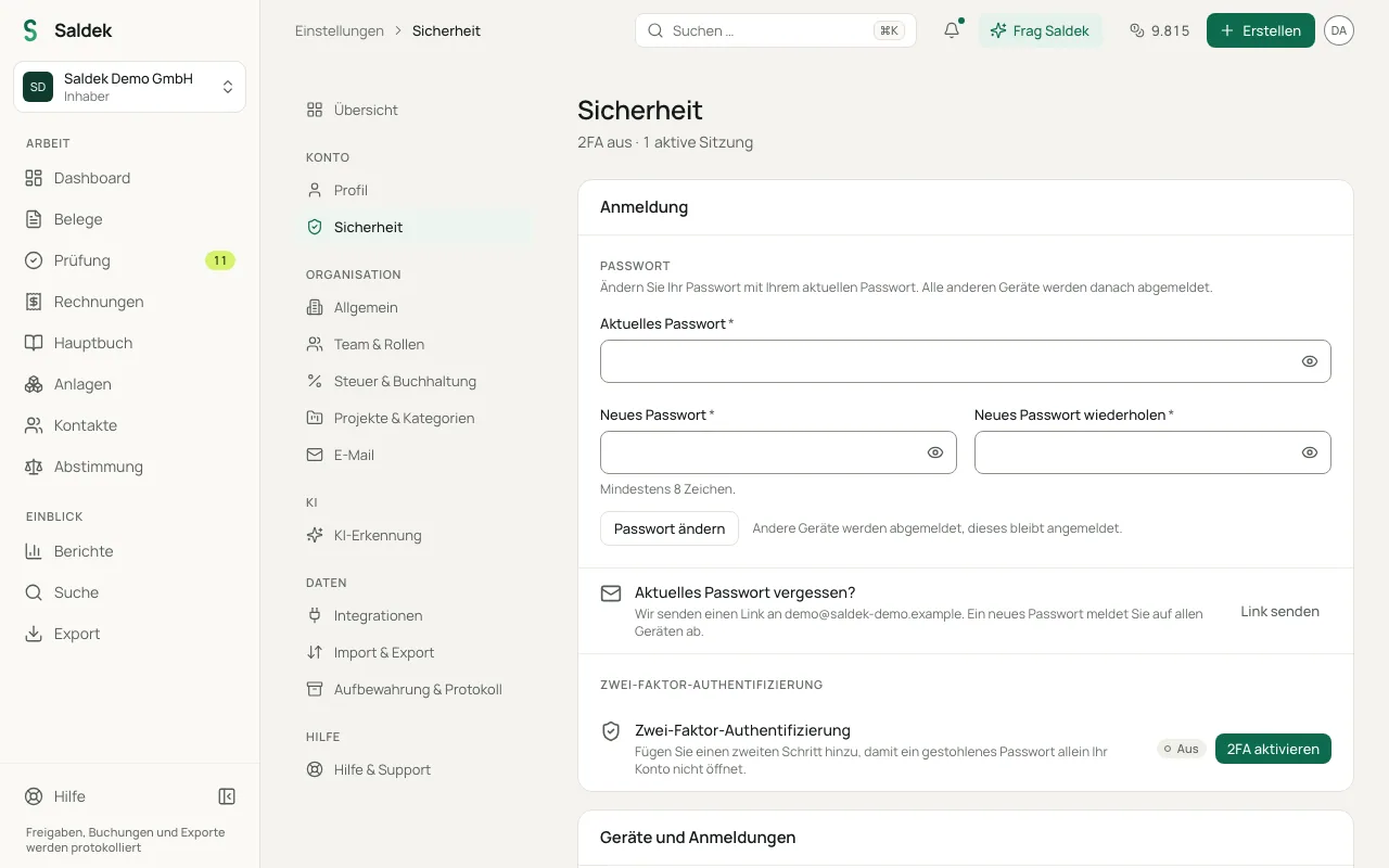 “Security” settings for changing your password and setting up two-factor authentication
