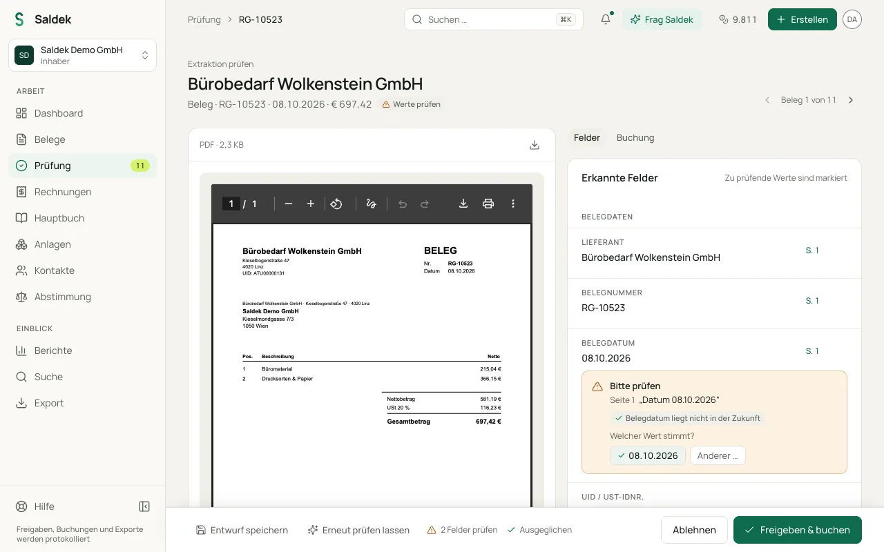 Document review with the values to check marked