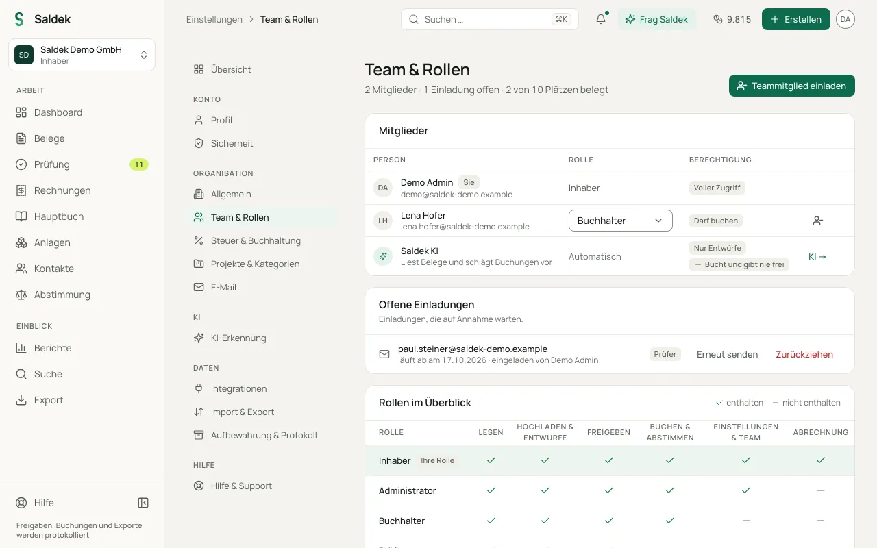Member list in “Settings” with names, e-mail addresses, and assigned roles